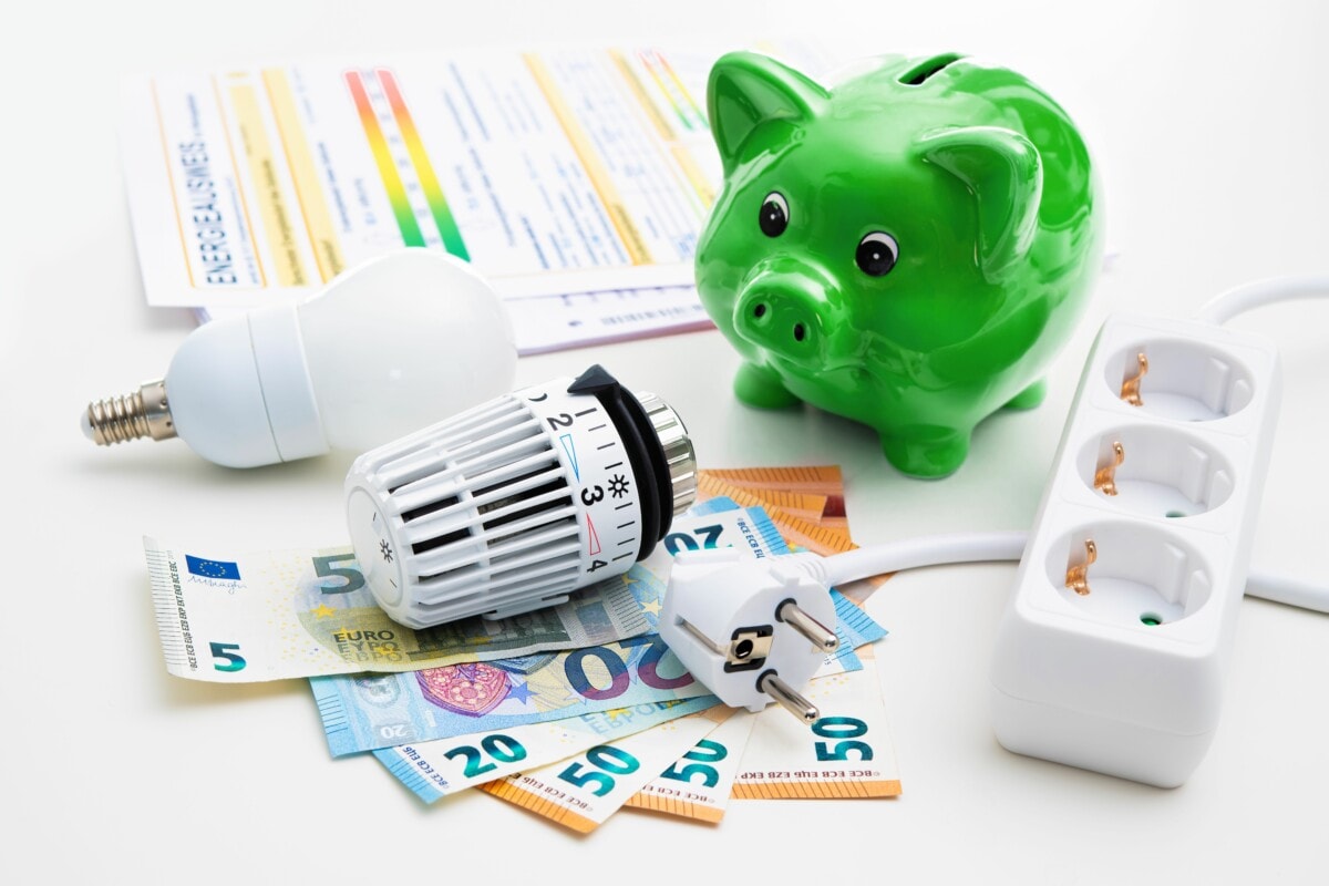 Symbolbild: Energiekosten, Energiesparen mit grünem Sparschwein und Geldscheinen